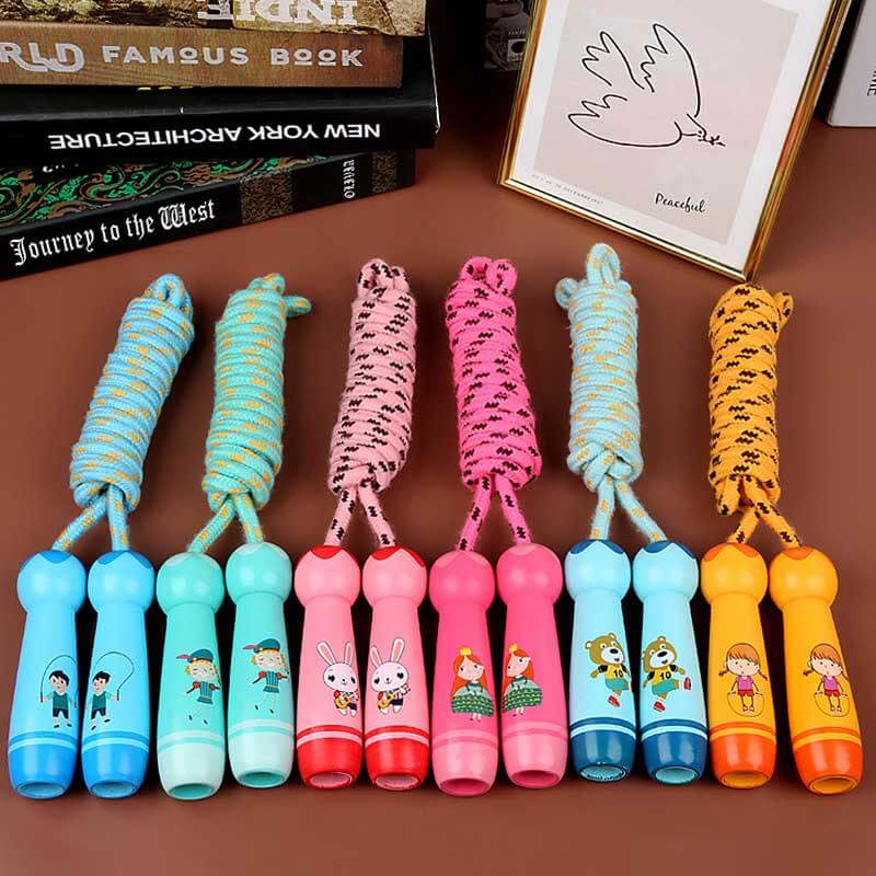 Kid's adjustable cotton skipping rope with wooden handles for outdoor play and exercise
