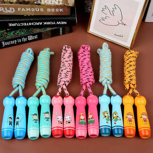 Kid's adjustable cotton skipping rope with wooden handles for outdoor play and exercise