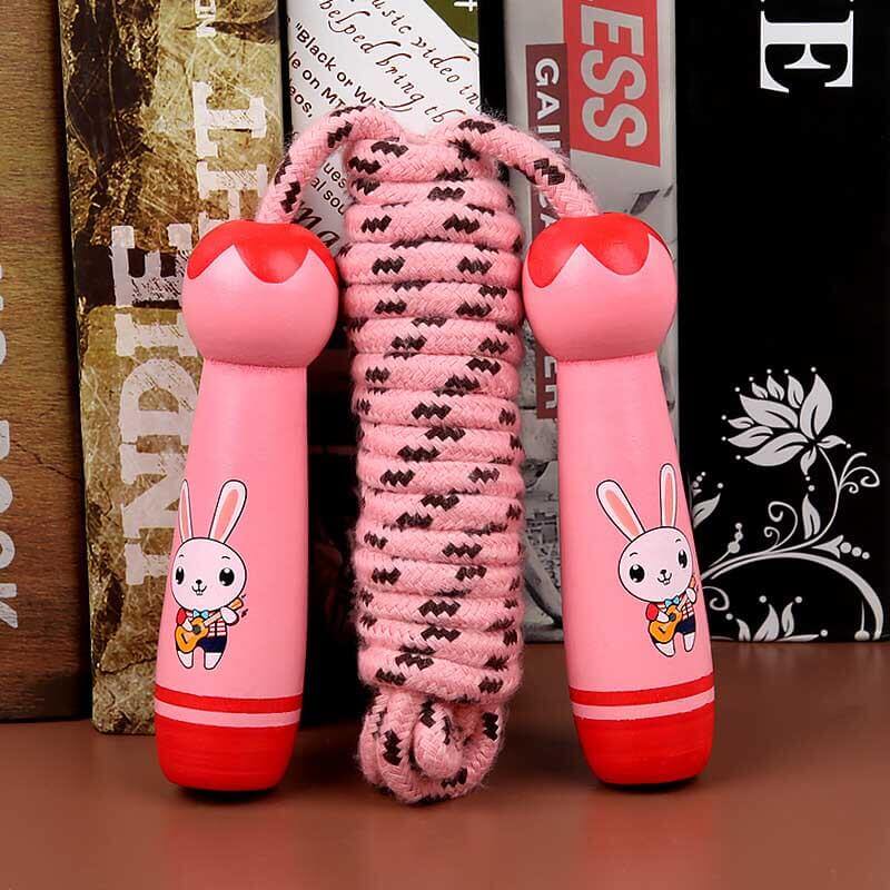 Durable cotton skipping rope with adjustable length & wooden handles for children's exercise