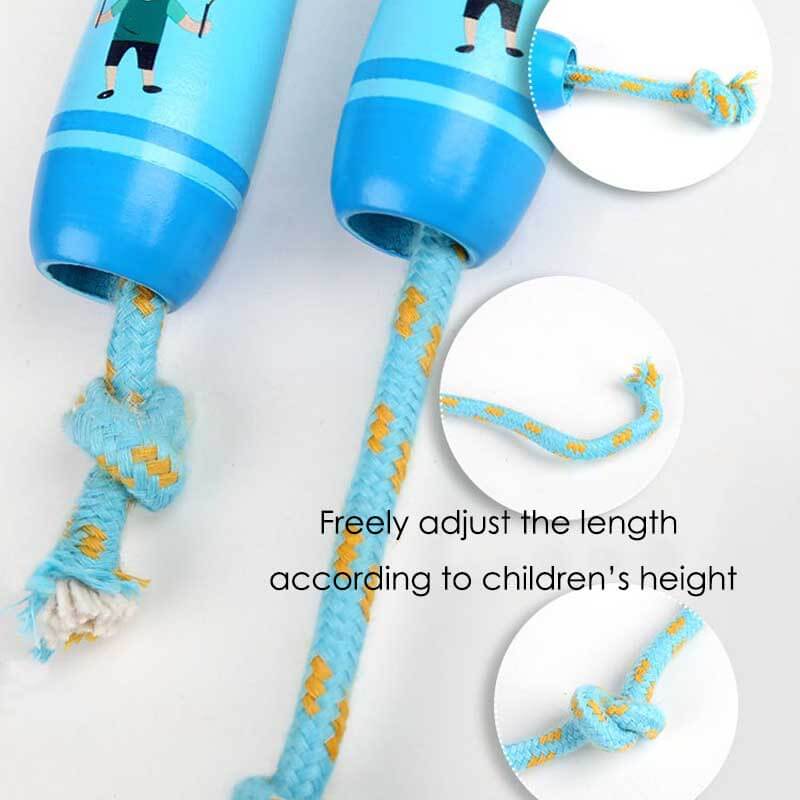 Close-up of a kid's adjustable cotton skipping rope with ergonomic wooden handles