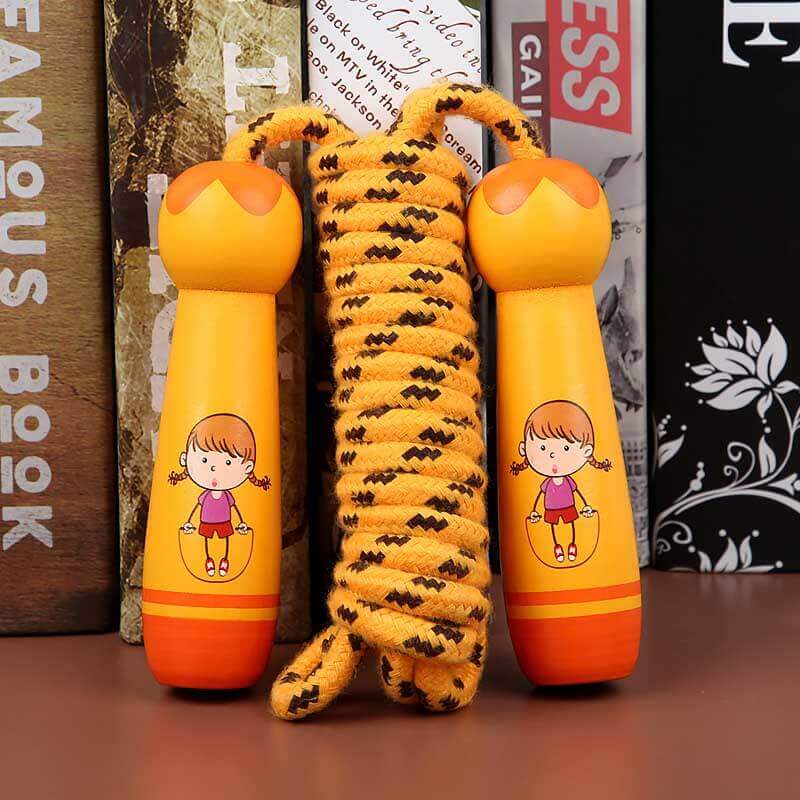 Ergonomic wooden handles on an adjustable cotton skipping rope for kids' exercise