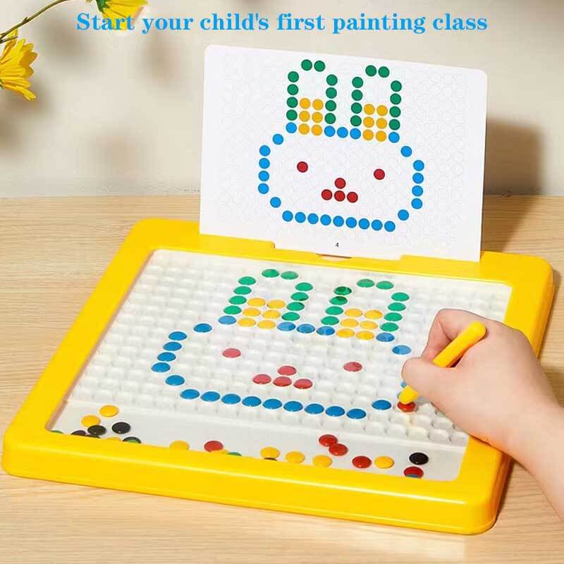 Close-up of a child drawing a car on a colorful magnetic doodle board, creative play toy.