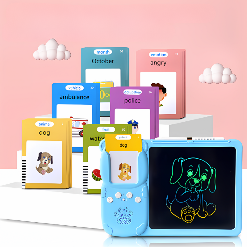 Kid using bilingual learning tablet with animal flashcards, enhancing early development and speech.