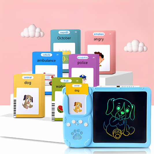 Kid using bilingual learning tablet with animal flashcards, enhancing early development and speech.