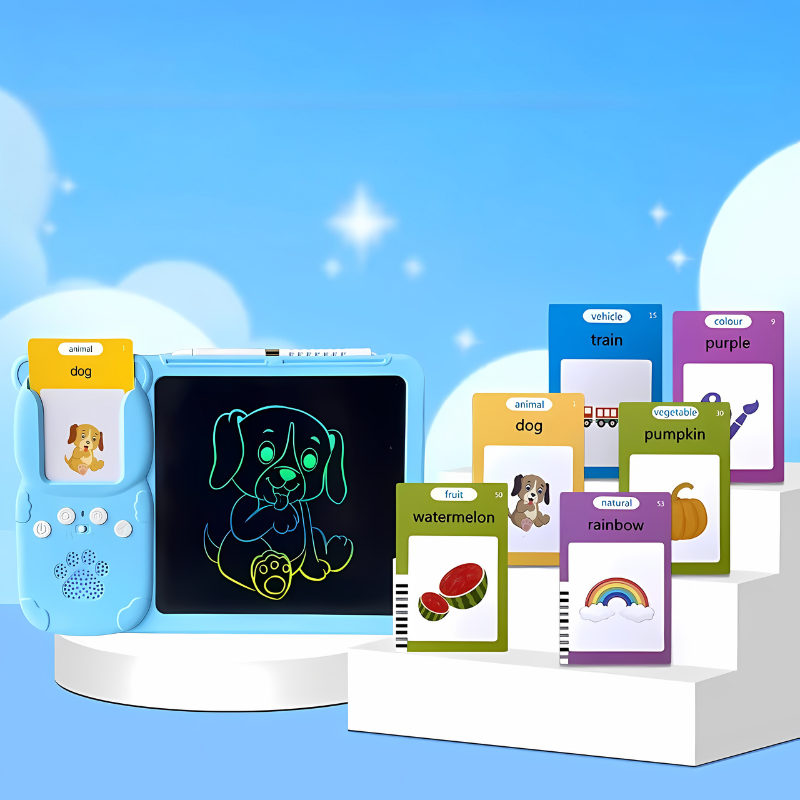 Close-up of a child's hand touching a flashcard on a bilingual learning tablet, an educational toy.
