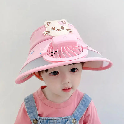 Close-up of rechargeable fan hat for kids, showing small fan and UPF fabric detail