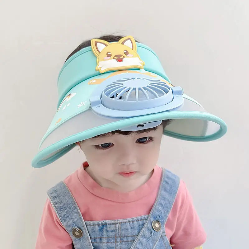 Front view of a child's fan hat, highlighting the integrated personal cooling fan