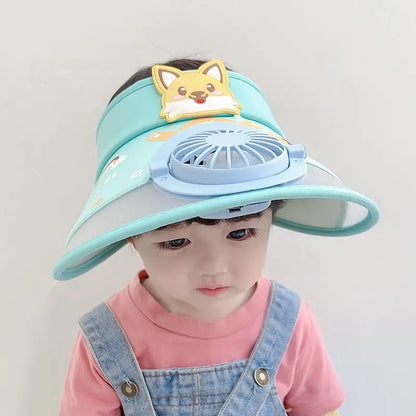 Front view of a child's fan hat, highlighting the integrated personal cooling fan