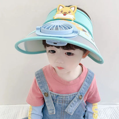 Kids' cooling fan hat with adjustable strap and wide brim for maximum UV protection