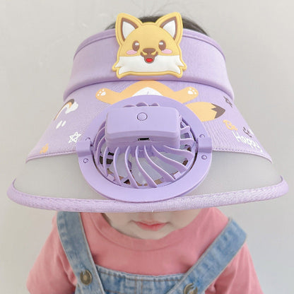 Side profile of a child in a lightweight fan hat, perfect for hot summer days