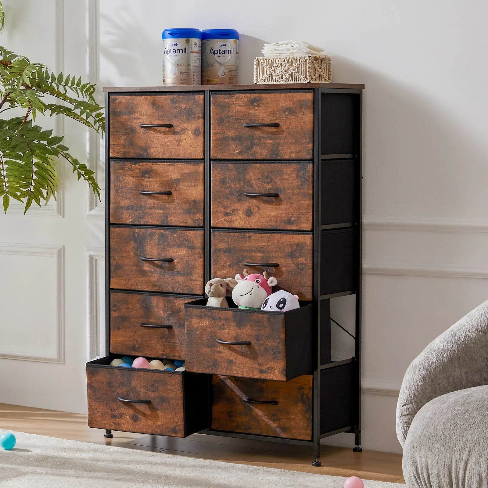 Kids' 10-drawer fabric dresser with steel frame, tall storage for nursery organization