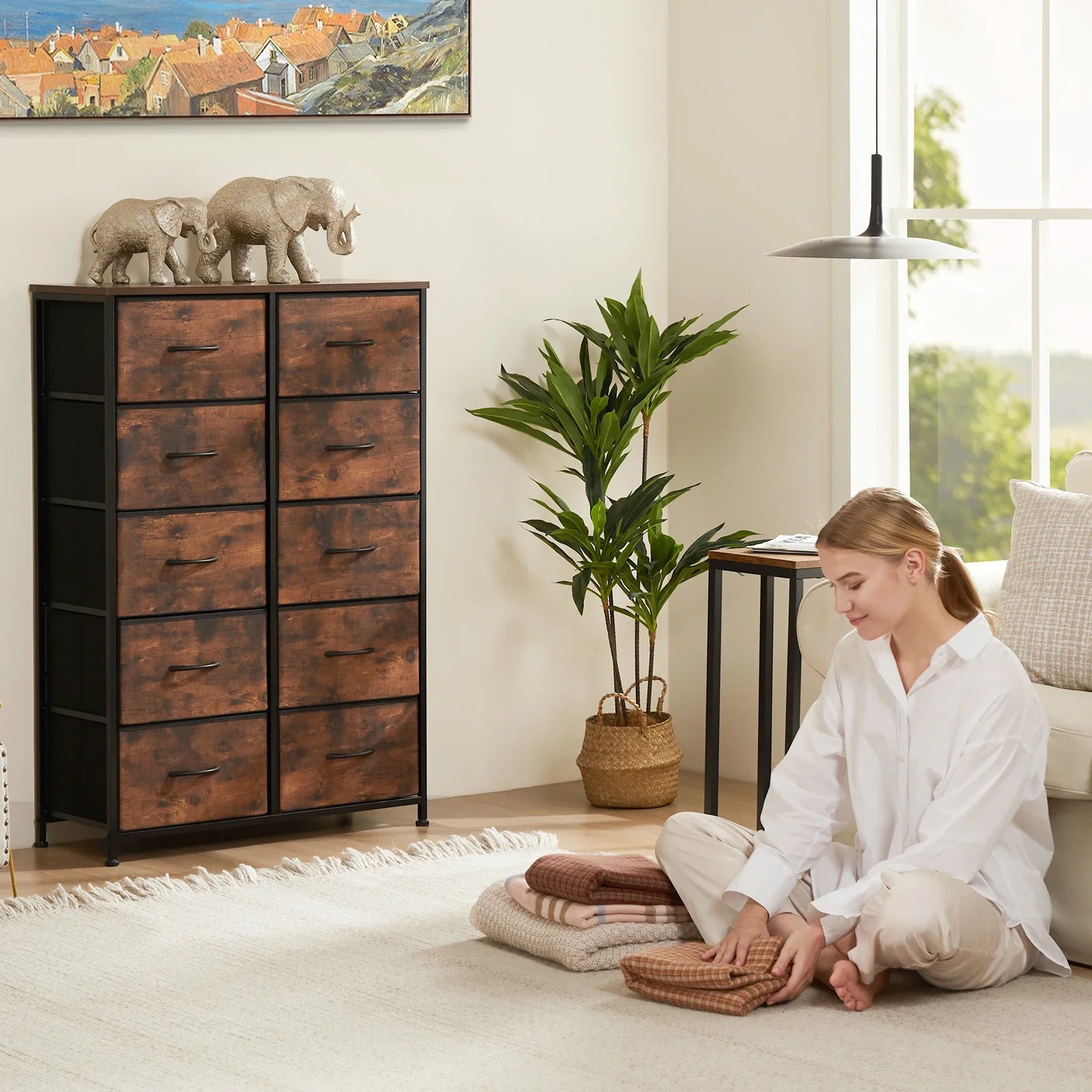 Child-safe 10-drawer fabric dresser, steel frame, perfect for kids' bedroom storage