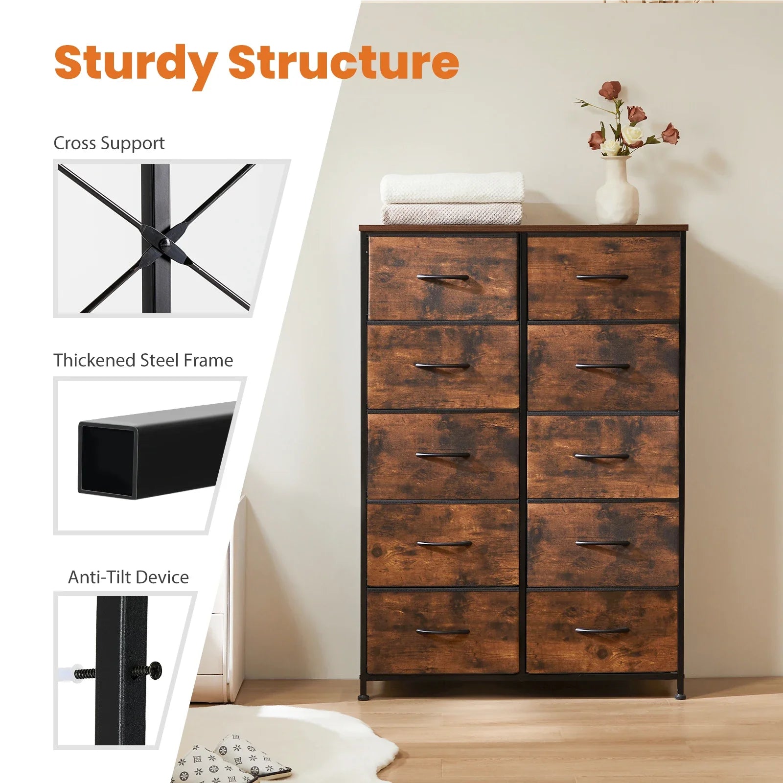 Home organization solution: kids' 10-drawer fabric dresser, steel frame, ample storage