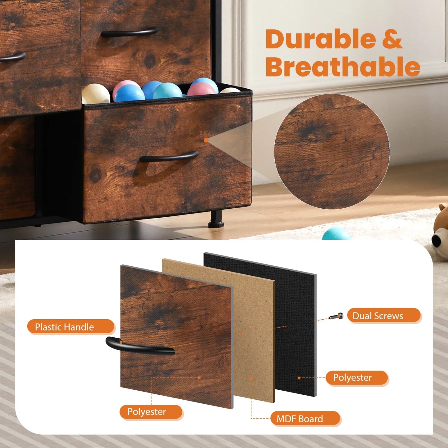 Fabric dresser with 10 drawers and steel frame, ideal tall storage for children's room