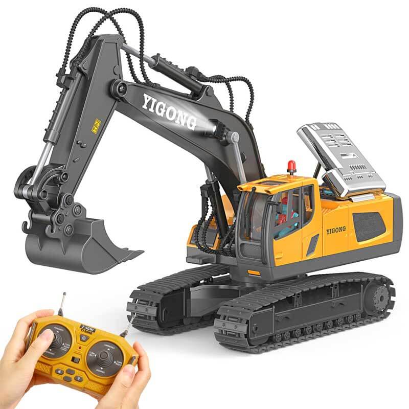 Kids' 11-channel RC excavator toy in bright yellow, ready for construction play.