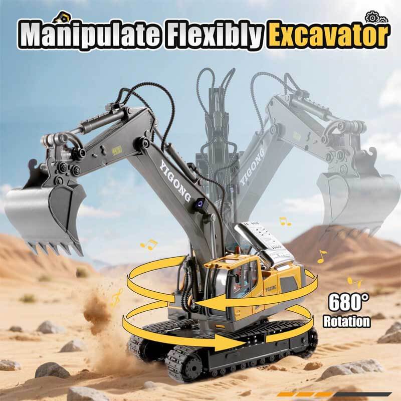 Remote control digger toy with articulated arm, lights, and sounds, perfect for outdoor play.