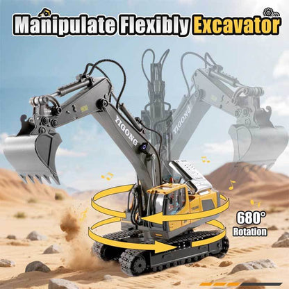 Remote control digger toy with articulated arm, lights, and sounds, perfect for outdoor play.