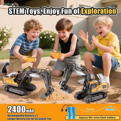 Detailed RC construction vehicle for kids, promoting STEM learning and motor skills.