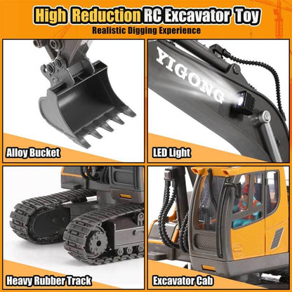 Educational RC digger toy showing its tracks and shovel extension for imaginative play.