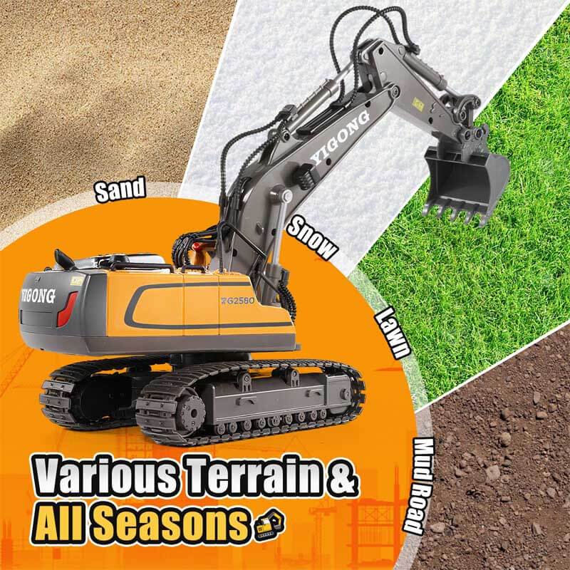 Kids' RC excavator for outdoor play, featuring realistic lights and sound effects.