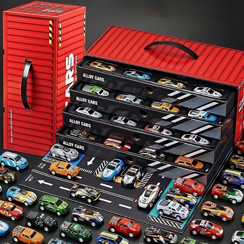 Kids' 12-pack alloy racing car set in a clear storage case, perfect for imaginative play & portable fun.