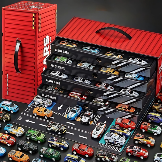 Kids' 12-pack alloy racing car set in a clear storage case, perfect for imaginative play & portable fun.