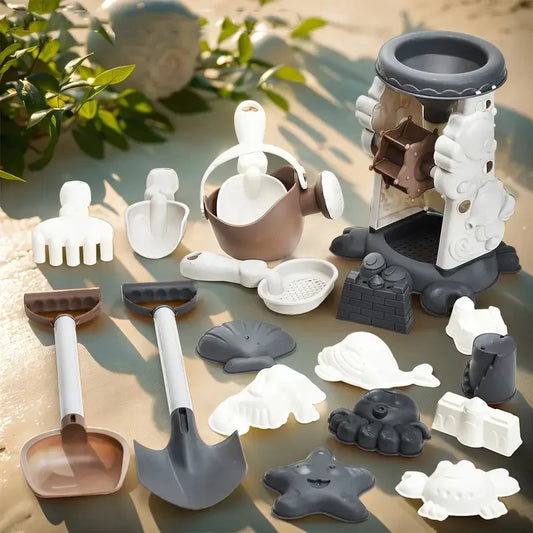 Kids' 15-piece outdoor sand & beach toy set with bucket, shovel, rake, molds, & watering can.