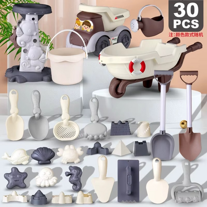 Kids' outdoor sand toy set displayed on a sandy background, ready for adventurous beach play.