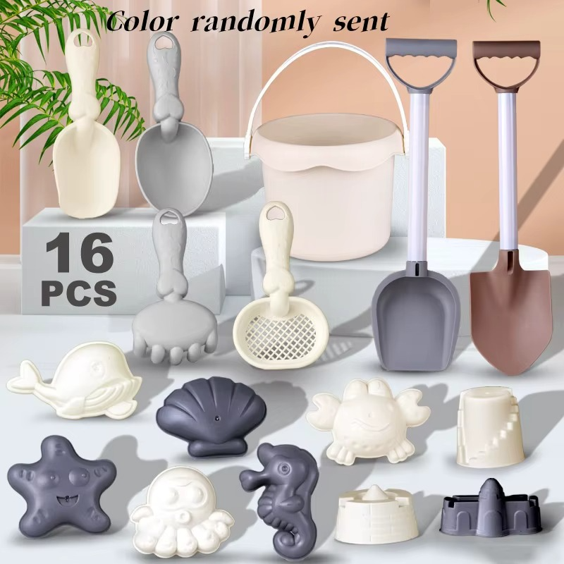Complete kids' beach toy set with a large bucket and essential tools for ultimate sand construction.