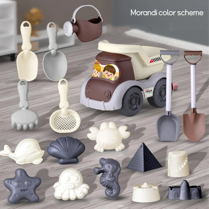 Children using a bright outdoor sand toy set at the beach, perfect for summer fun activities.