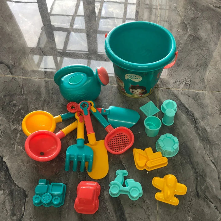Complete 18-piece children's beach sand toys set for creative outdoor summer fun, ideal for toddlers & kids.