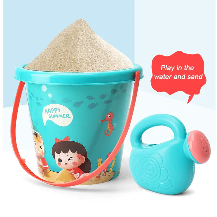 Durable children's beach sand toys kit with buckets, shovels, molds for summer fun & sandbox play.