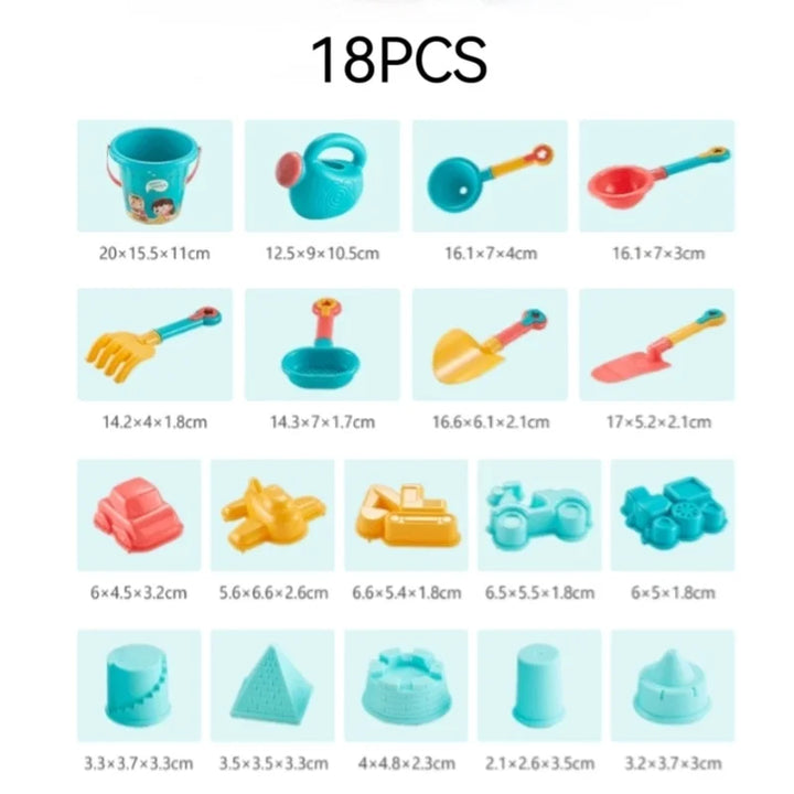 Vibrant 18-piece toddler beach sand toys set for creative outdoor play, ideal for summer fun and learning.
