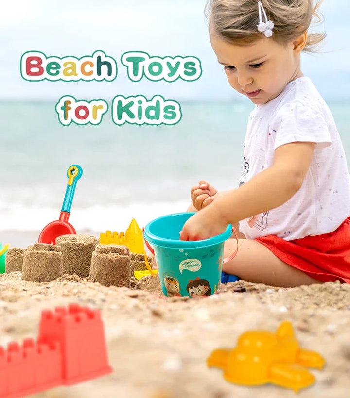 Assorted 18-piece durable sand toys set with bucket, spade, molds for kids' outdoor beach & sandbox fun.