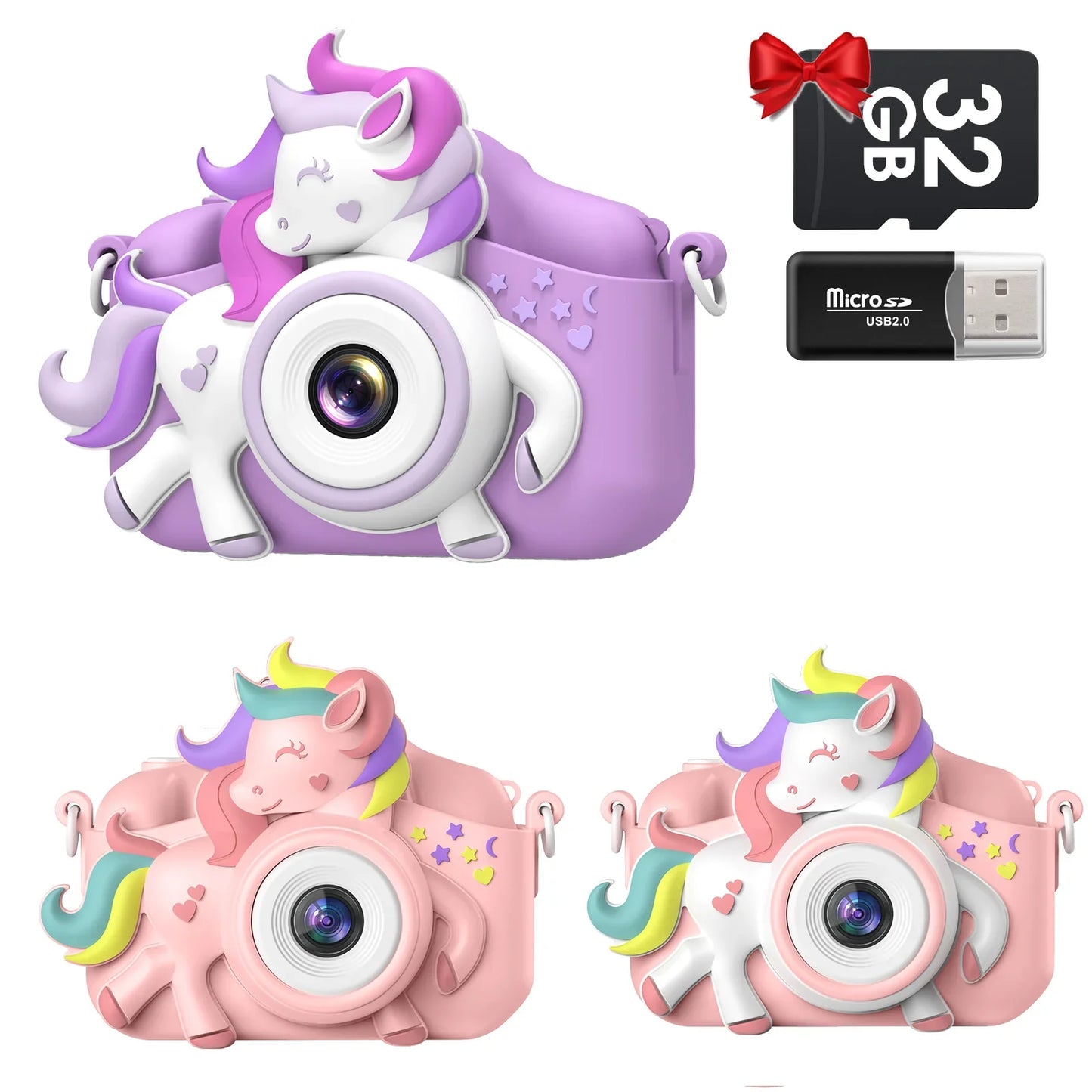 Kids' 2.0 digital camera in blue with silicone case, 20MP, 1080P video, educational toy for toddlers.