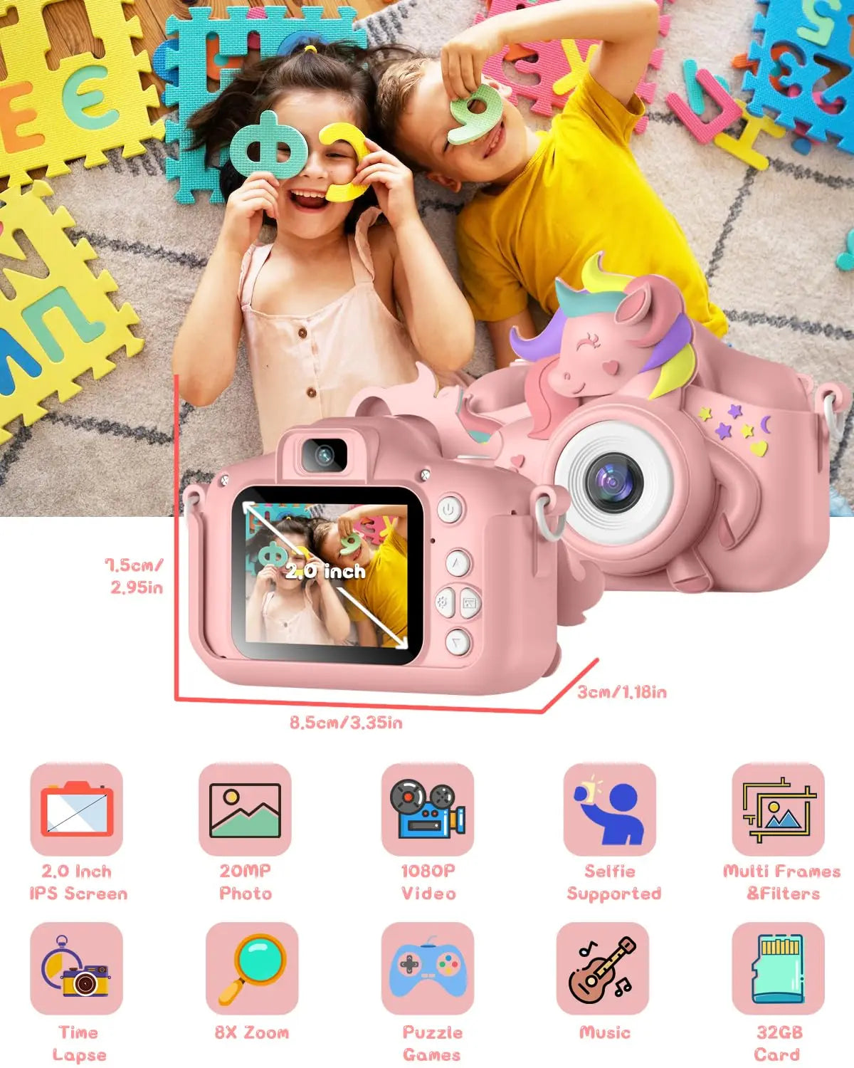 Child holding a purple Kids' 2.0 digital camera, a durable outdoor toy for boys and girls.