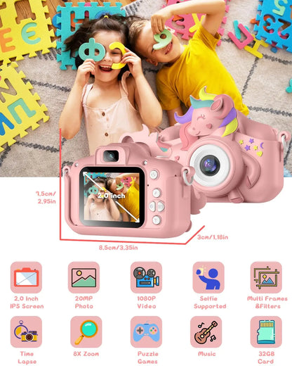Child holding a purple Kids' 2.0 digital camera, a durable outdoor toy for boys and girls.