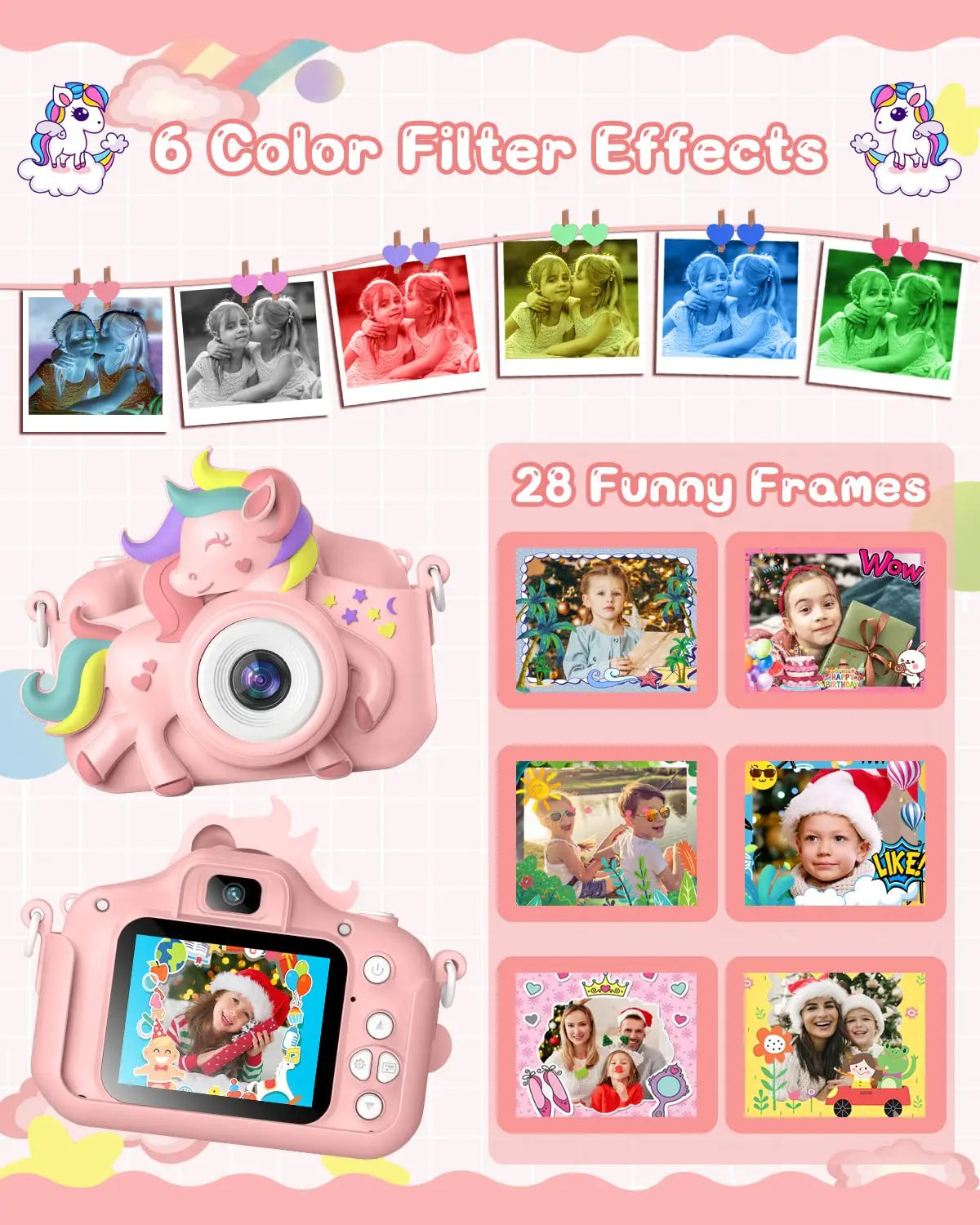 Close-up of a pink Kids' 2.0 toy camera with a silicone case, perfect gift for young photographers.
