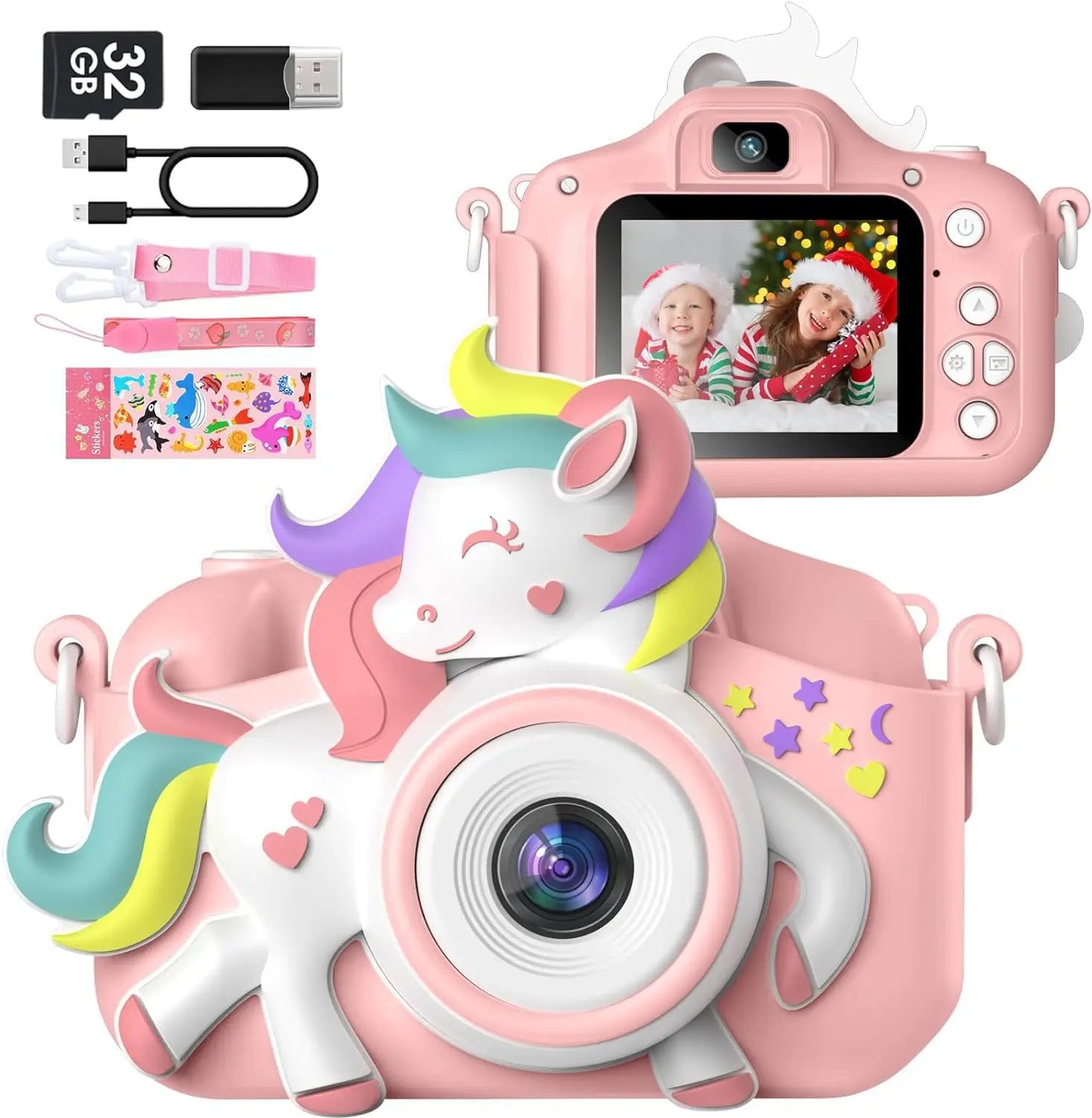 Toddler camera in yellow with a lanyard, Kids' 2.0, 1080p video, ideal for educational play.