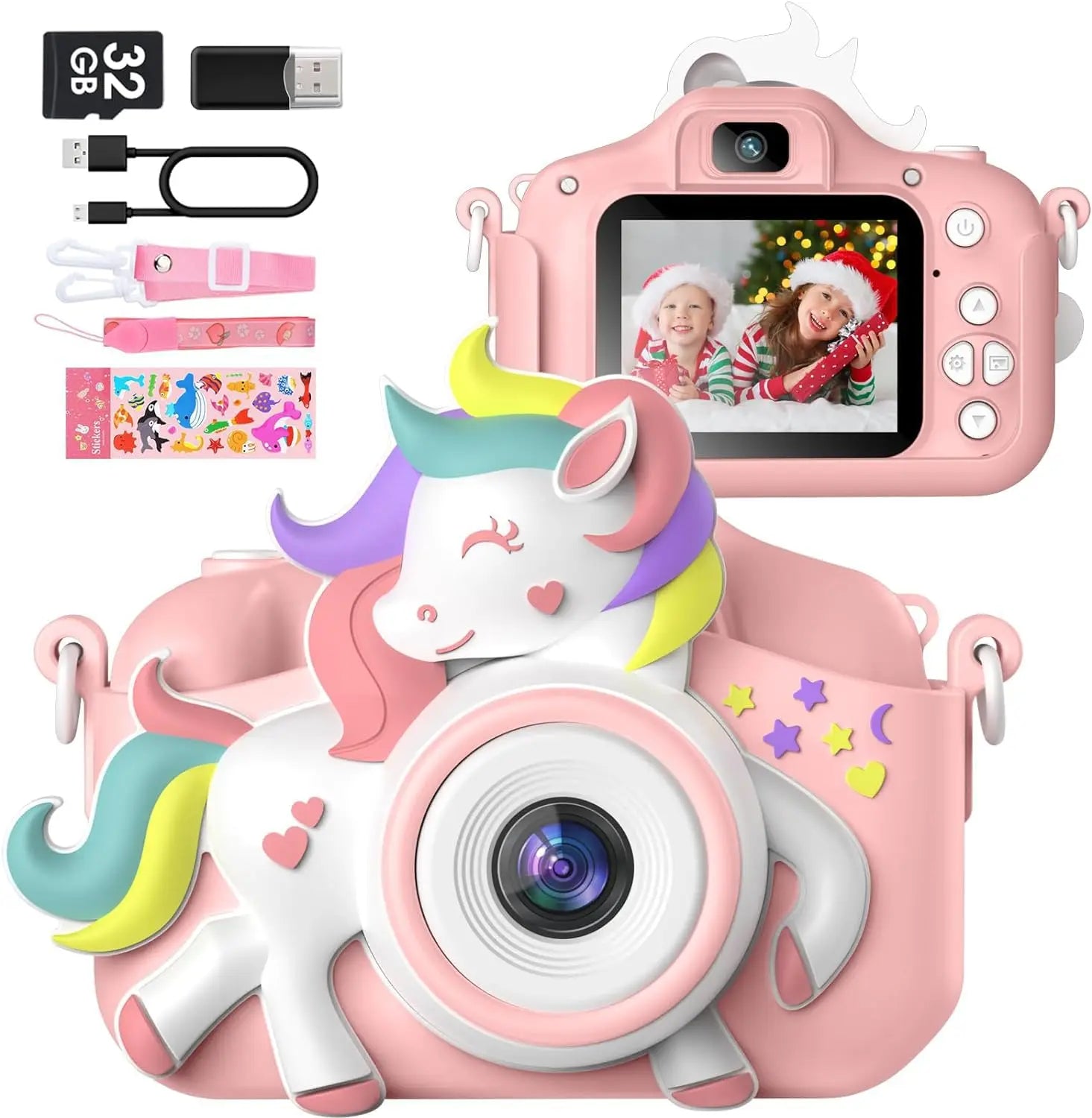 Toddler camera in yellow with a lanyard, Kids' 2.0, 1080p video, ideal for educational play.