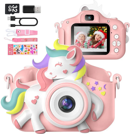 Toddler camera in yellow with a lanyard, Kids' 2.0, 1080p video, ideal for educational play.