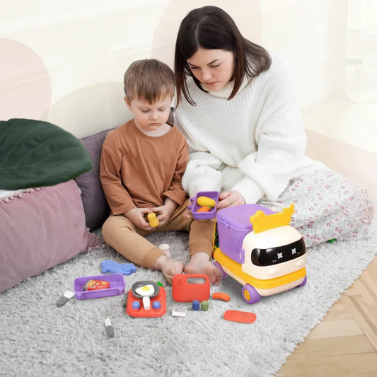Kids' 2-in-1 car kitchen play set, an interactive educational toy for pretend cooking & driving fun.
