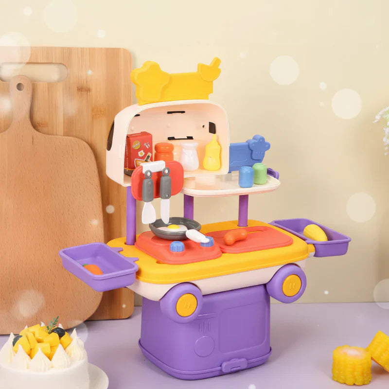 Children's activity play kitchen inside a toy car, promoting role play and imaginative fun.
