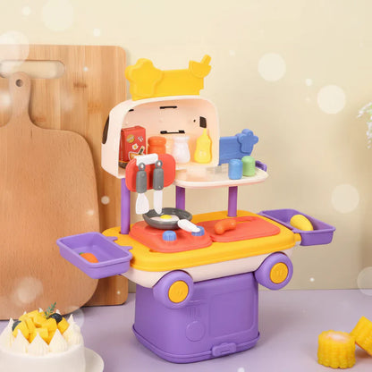 Children's activity play kitchen inside a toy car, promoting role play and imaginative fun.