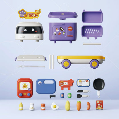 Brightly colored 2-in-1 car kitchen play set, a fun and interactive educational toy for children.