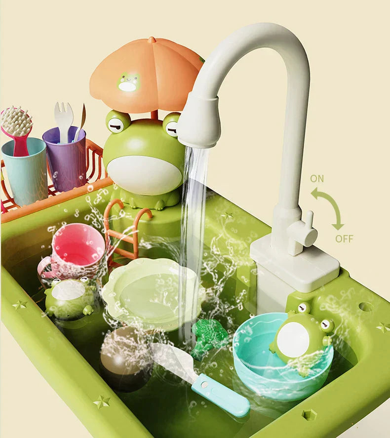 Brightly colored kids play kitchen sink, a 2-in-1 toy for water fun and pretend cooking games