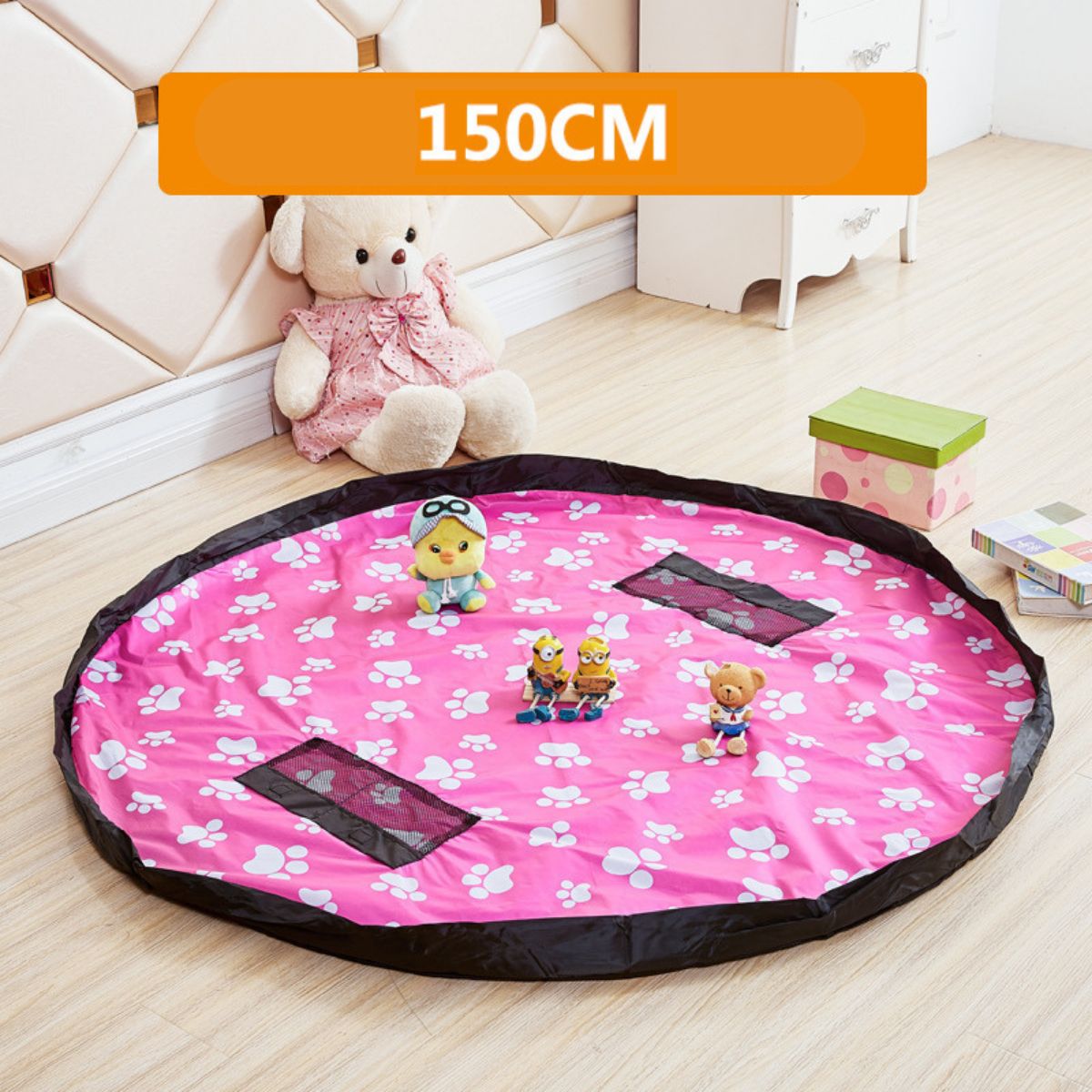 Blue cotton 2-in-1 play mat and toy storage bag, perfect for kids organization in playroom