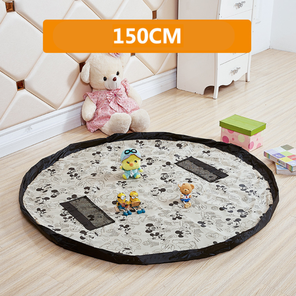 Close-up of durable cotton fabric of kids 2-in-1 play mat & toy storage bag with drawstring