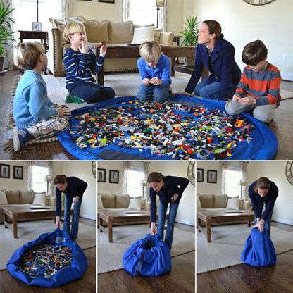 Overhead view of open 2-in-1 multi-patterned cotton play mat for children's toy organization