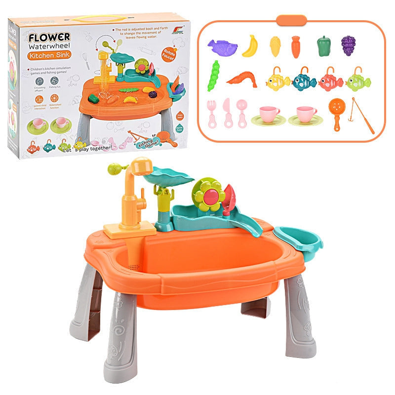 Toddler girl washing dishes and fishing in her 2-in-1 play sink, creative role-play toy